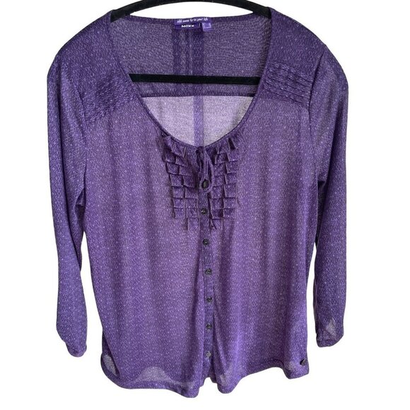 Mexx Purple Scoop Neck Sheer Top Blouse 3/4 Roll Up Sleeves Button Up Ruffle XL - Picture 1 of 15